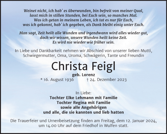 Traueranzeige von Christa Feigl von Trauerkombi Köthen