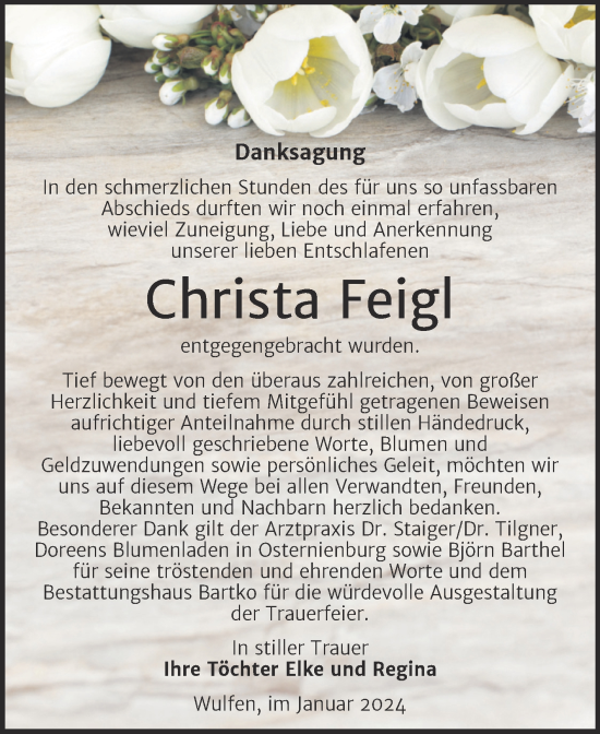 Traueranzeige von Christa Feigl von Trauerkombi Köthen