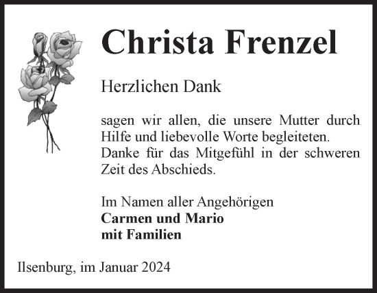 Traueranzeige von Christa Frenzel von Volksstimme Wernigerode
