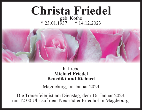 Traueranzeige von Christa Friedel von Volksstimme Magdeburg