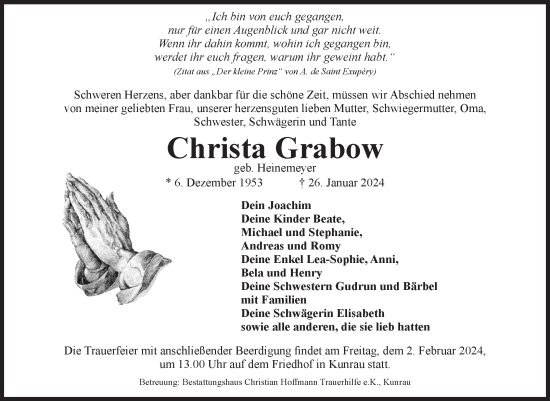Traueranzeige von Christa Grabow von Volksstimme Altmark West