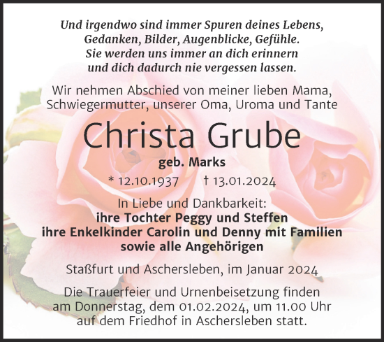 Traueranzeige von Christa Grube von Trauerkombi Aschersleben