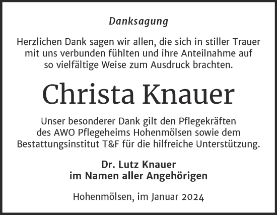 Traueranzeige von Christa Knauer von Trauerkombi Weißenfels
