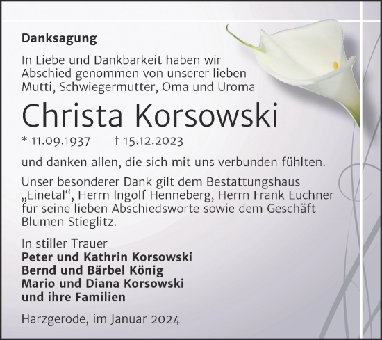 Traueranzeige von Christa Korsowski von Super Sonntag Quedlingburg