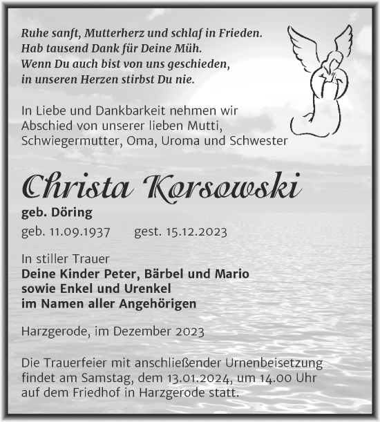 Traueranzeige von Christa Korsowski von Trauerkombi Quedlinburg