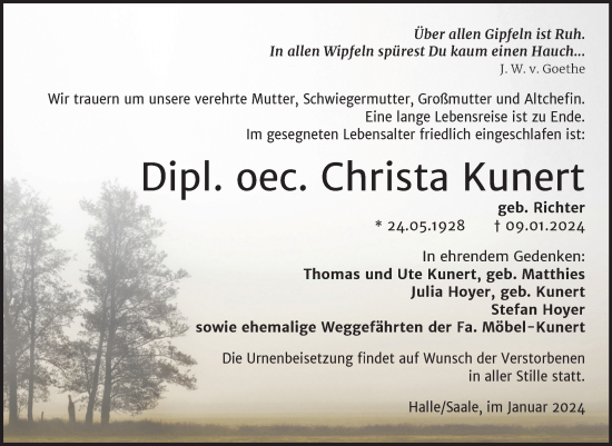 Traueranzeige von Christa Kunert von Mitteldeutsche Zeitung Halle/Saalkreis