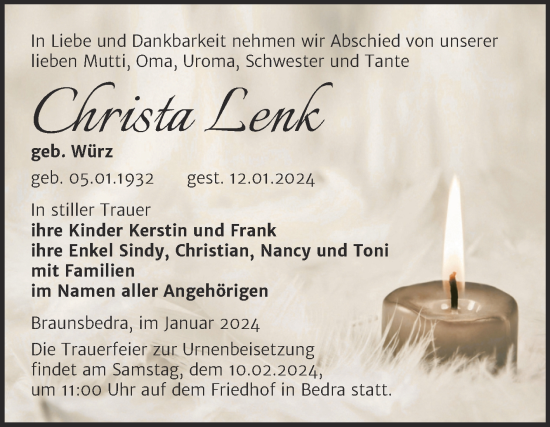 Traueranzeige von Christa Lenk von Trauerkombi Merseburg