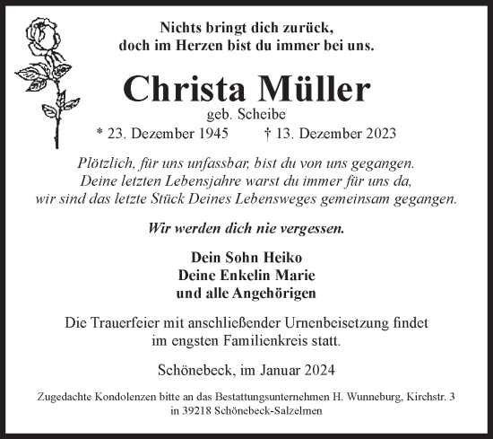 Traueranzeige von Christa Müller von Volksstimme Schönebeck