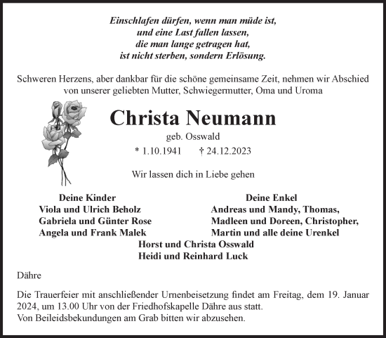 Traueranzeige von Christa Neumann von Volksstimme Altmark West