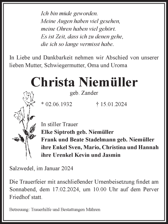 Traueranzeige von Christa Niemüller von Volksstimme Altmark West
