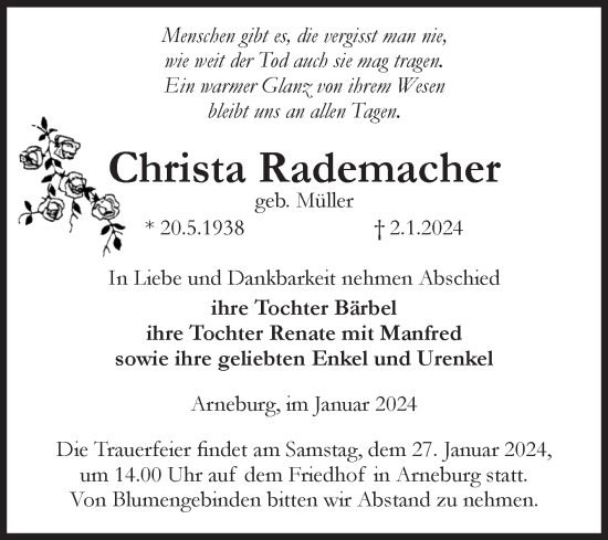Traueranzeige von Christa Rademacher von Volksstimme Altmark Ost