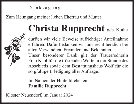 Traueranzeige von Christa Rupprecht von Volksstimme Altmark Ost