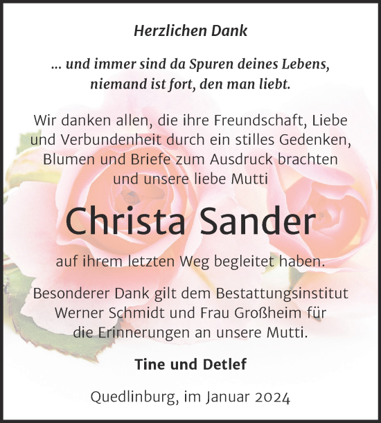 Traueranzeige von Christa Sander von Trauerkombi Quedlinburg