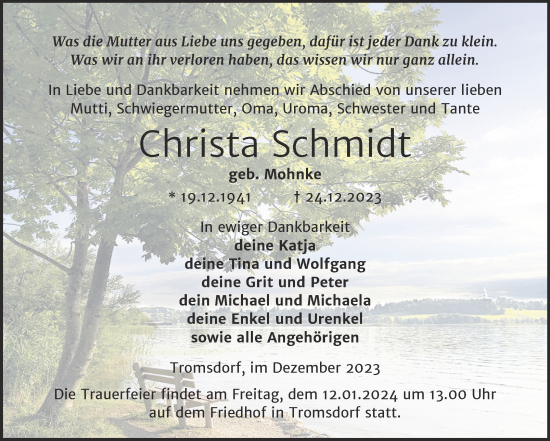 Traueranzeige von Christa Schmidt von Wochenspiegel Naumburg/Nebra