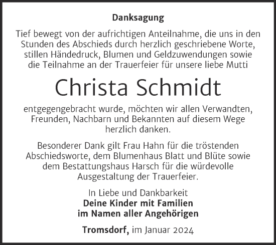 Traueranzeige von Christa Schmidt von Wochenspiegel Naumburg/Nebra