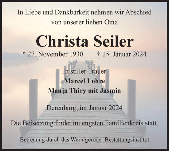 Traueranzeige von Christa Seiler von Volksstimme Wernigerode