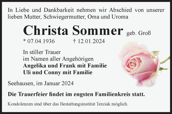 Traueranzeige von Christa Sommer von Volksstimme Oschersleben/Wanzleben