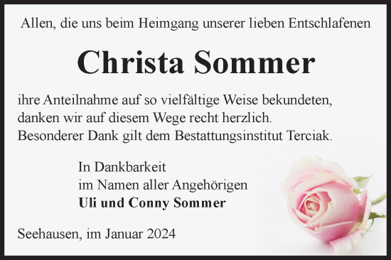 Traueranzeige von Christa Sommer von Volksstimme Oschersleben/Wanzleben
