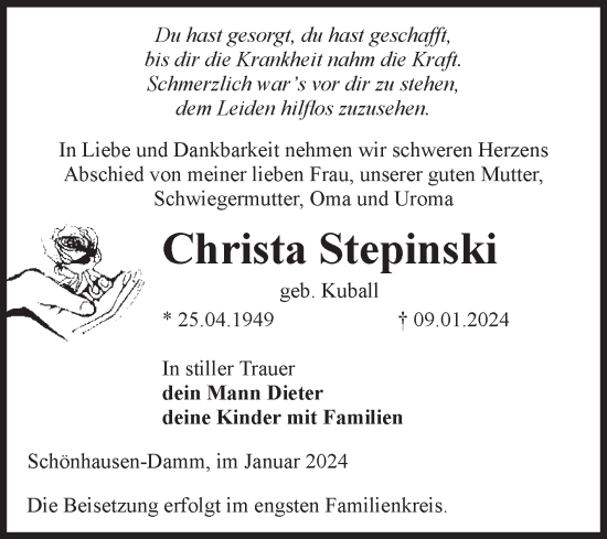 Traueranzeige von Christa Stepinski von Volksstimme Altmark Ost