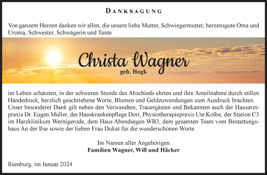 Traueranzeige von Christa Wagner von Volksstimme Wernigerode