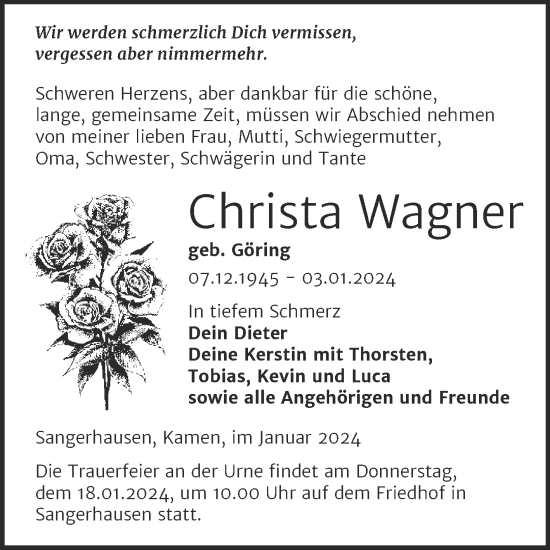 Traueranzeige von Christa Wagner von Trauerkombi Sangerhausen
