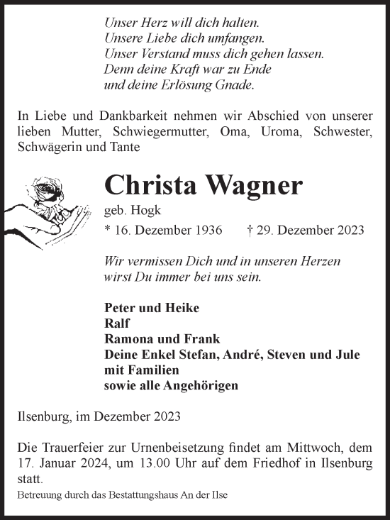 Traueranzeige von Christa Wagner von Volksstimme Wernigerode