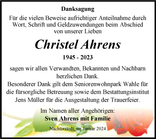 Traueranzeige von Christel Ahrens von Trauerkombi Aschersleben
