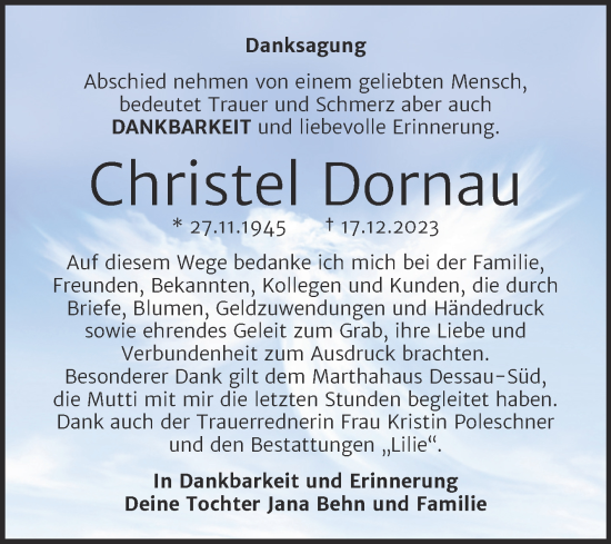 Traueranzeige von Christel Dornau von Trauerkombi Dessau