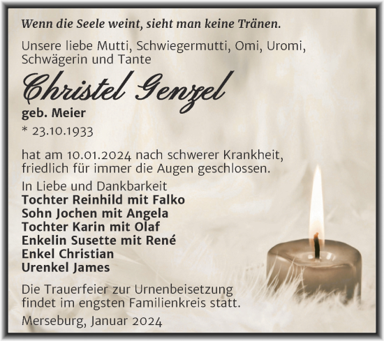 Traueranzeige von Christel Genzel von Trauerkombi Merseburg