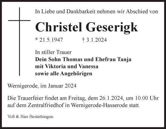 Traueranzeige von Christel Geserigk von Volksstimme Wernigerode