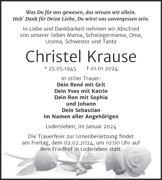 Traueranzeige von Christel Krause von Trauerkombi Merseburg