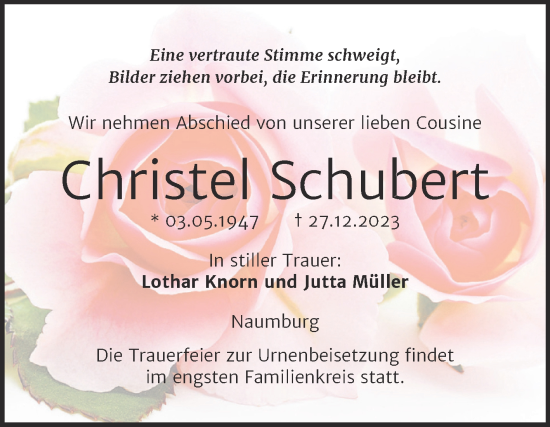 Traueranzeige von Christel Schubert von Wochenspiegel Naumburg/Nebra