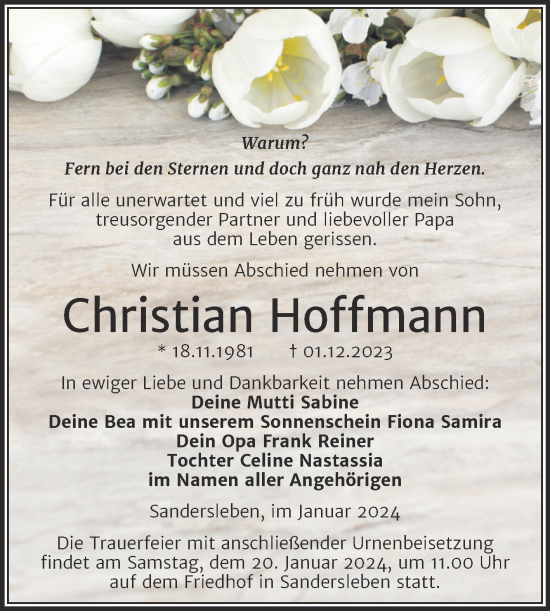 Traueranzeige von Christian Hoffmann von Trauerkombi Mansfelder Land