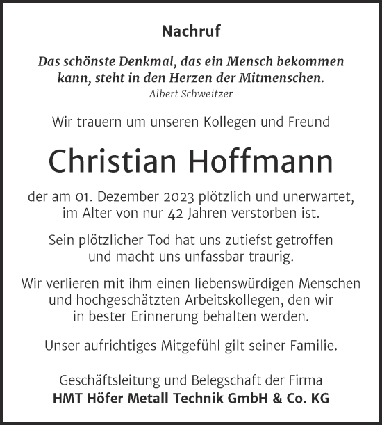 Traueranzeige von Christian Hoffmann von Super Sonntag Mansfelder Land