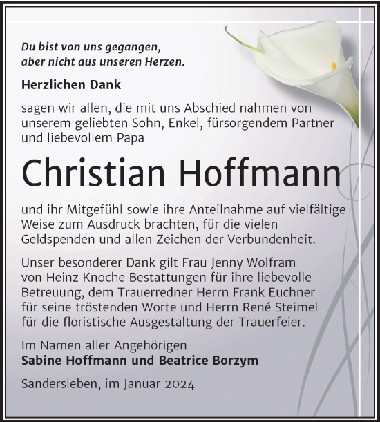 Traueranzeige von Christian Hoffmann von Trauerkombi Mansfelder Land