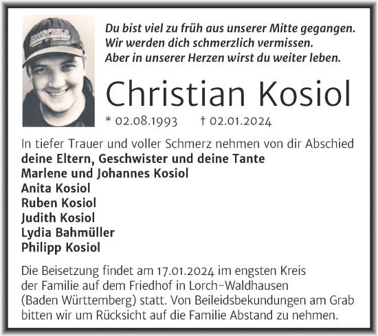 Traueranzeige von Christian Kosiol von Trauerkombi Mansfelder Land