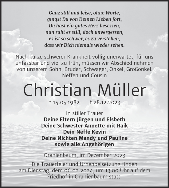 Traueranzeige von Christian Müller von Super Sonntag Wittenberg