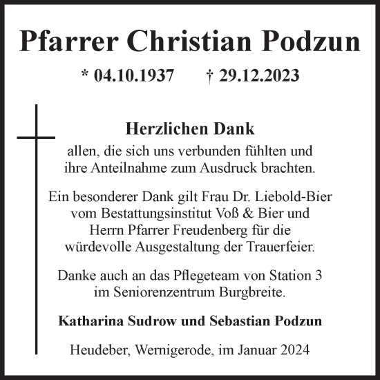 Traueranzeige von Christian Podzun von Volksstimme Wernigerode