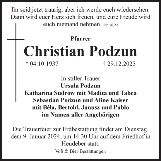 Traueranzeige von Christian Podzun von Volksstimme Wernigerode