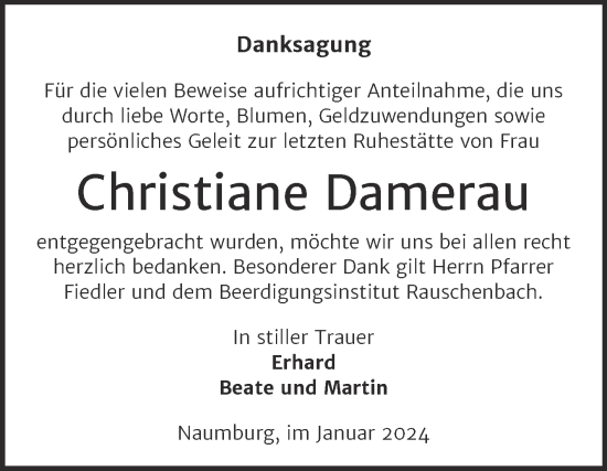 Traueranzeige von Christiane Damerau von Naumburger Tageblatt