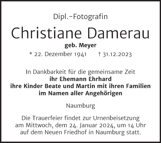 Traueranzeige von Christiane Damerau von Naumburger Tageblatt