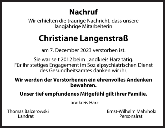 Traueranzeige von Christiane Langenstraß von Volksstimme Halberstadt