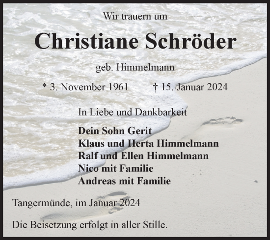 Traueranzeige von Christiane Schröder von Volksstimme Altmark Ost