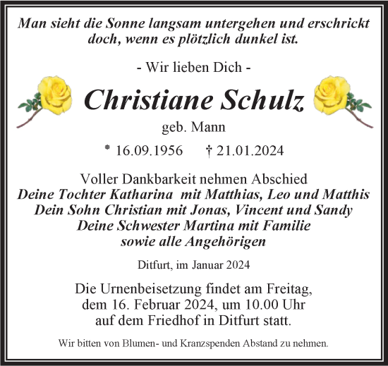Traueranzeige von Christiane Schulz von Trauerkombi Quedlinburg