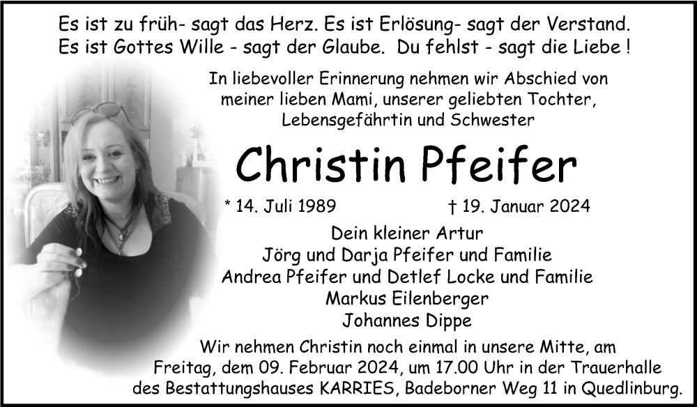  Traueranzeige für Christin Pfeifer vom 27.01.2024 aus Trauerkombi Quedlinburg