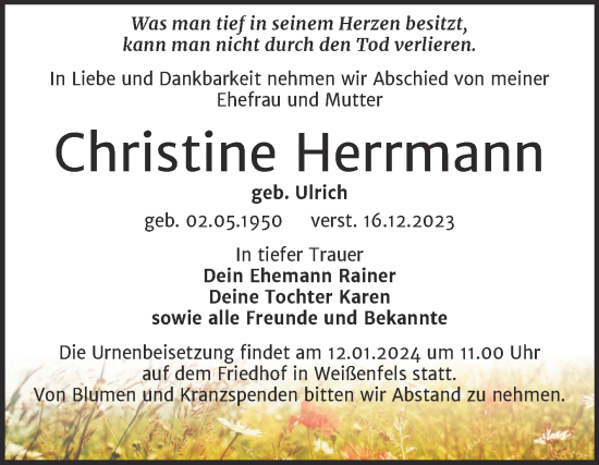Traueranzeige von Christine Herrmann von Trauerkombi Weißenfels