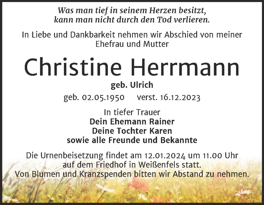  Traueranzeige für Christine Herrmann vom 05.01.2024 aus Trauerkombi Weißenfels