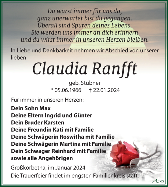 Traueranzeige von Claudia Ranfft von Trauerkombi Weißenfels