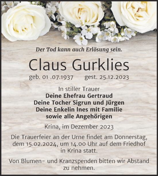 Traueranzeige von Claus Gurklies von Trauerkombi Bitterfeld
