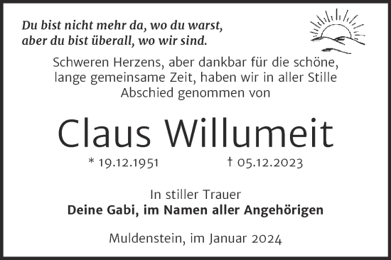 Traueranzeige von Claus Willumeit von Trauerkombi Bitterfeld